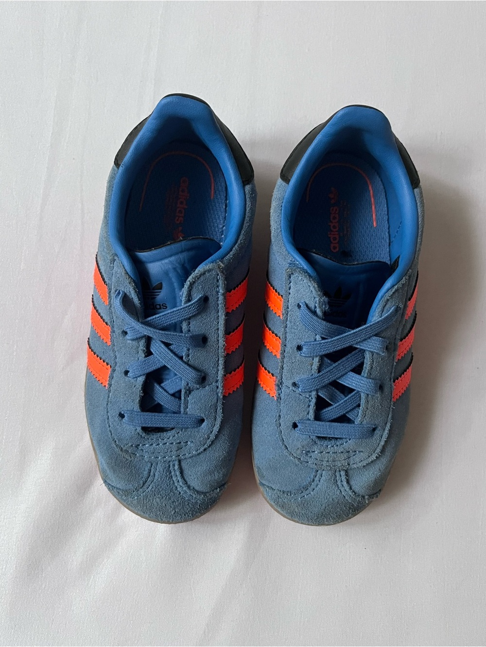 Adidas Kids Gazelle Blue Suede Sneakers with Bright Orange Stripes